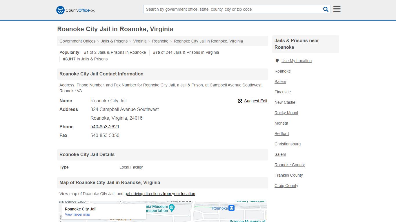 Roanoke City Jail - Roanoke, VA (Address, Phone, and Fax) - County Office